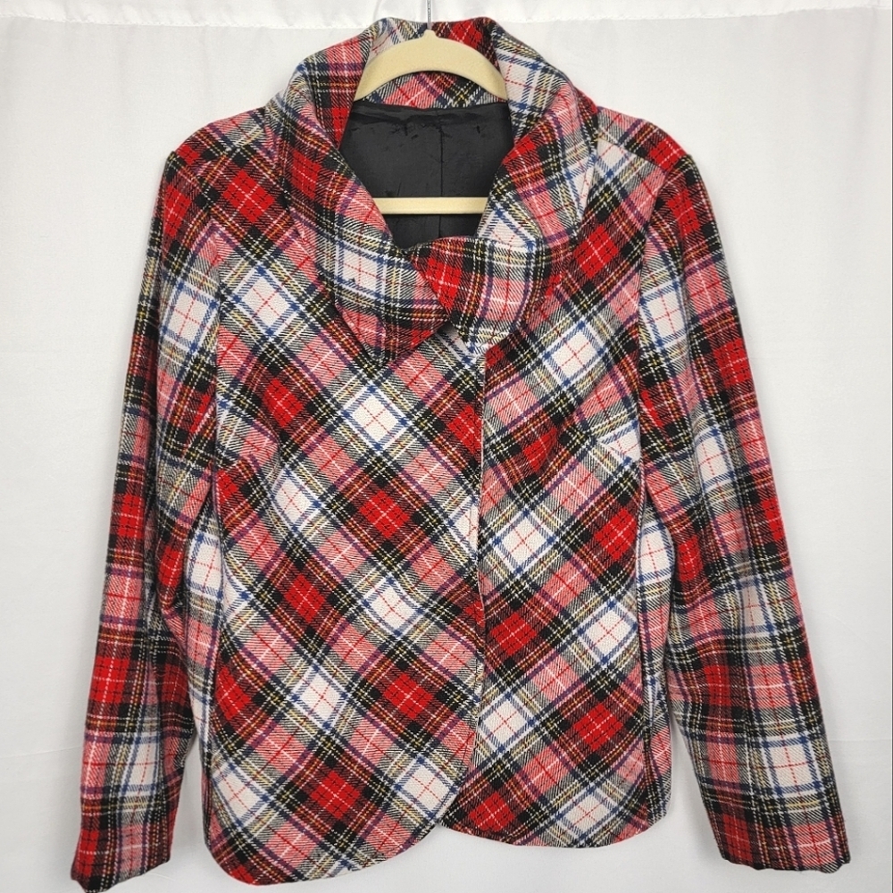 Red Plaid Jacket Cowl Neck #1418